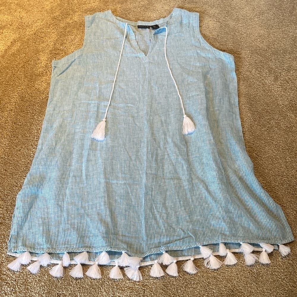 Tahari Linen Sleeveless Tassel Hem Aqua White Stripe Swim Cover Dress Sz LARGE